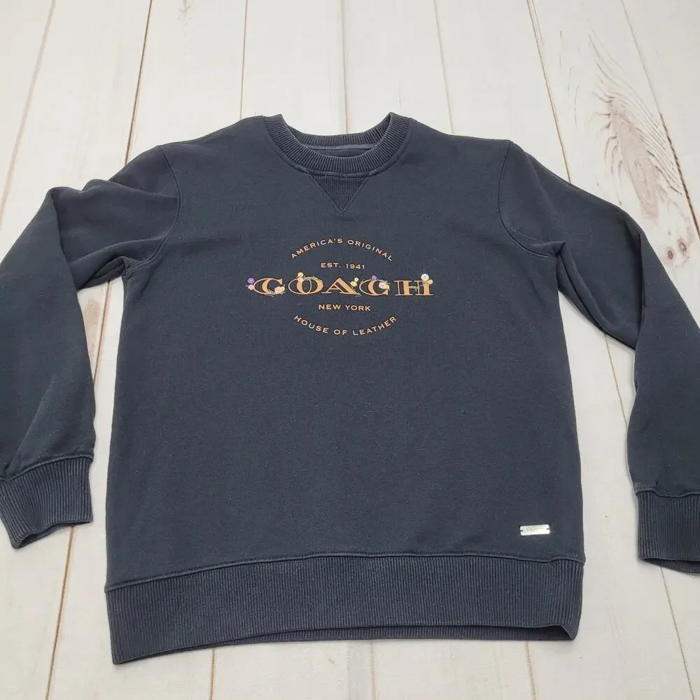 Coach black crew neck floral embroidered fleece pullover large logo